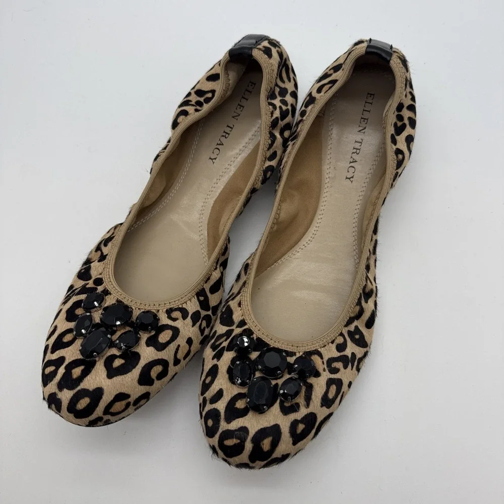 Ellen Tracy Women's Carla 10 M Cheetah Print Cowhide Embellished Ballet Flats